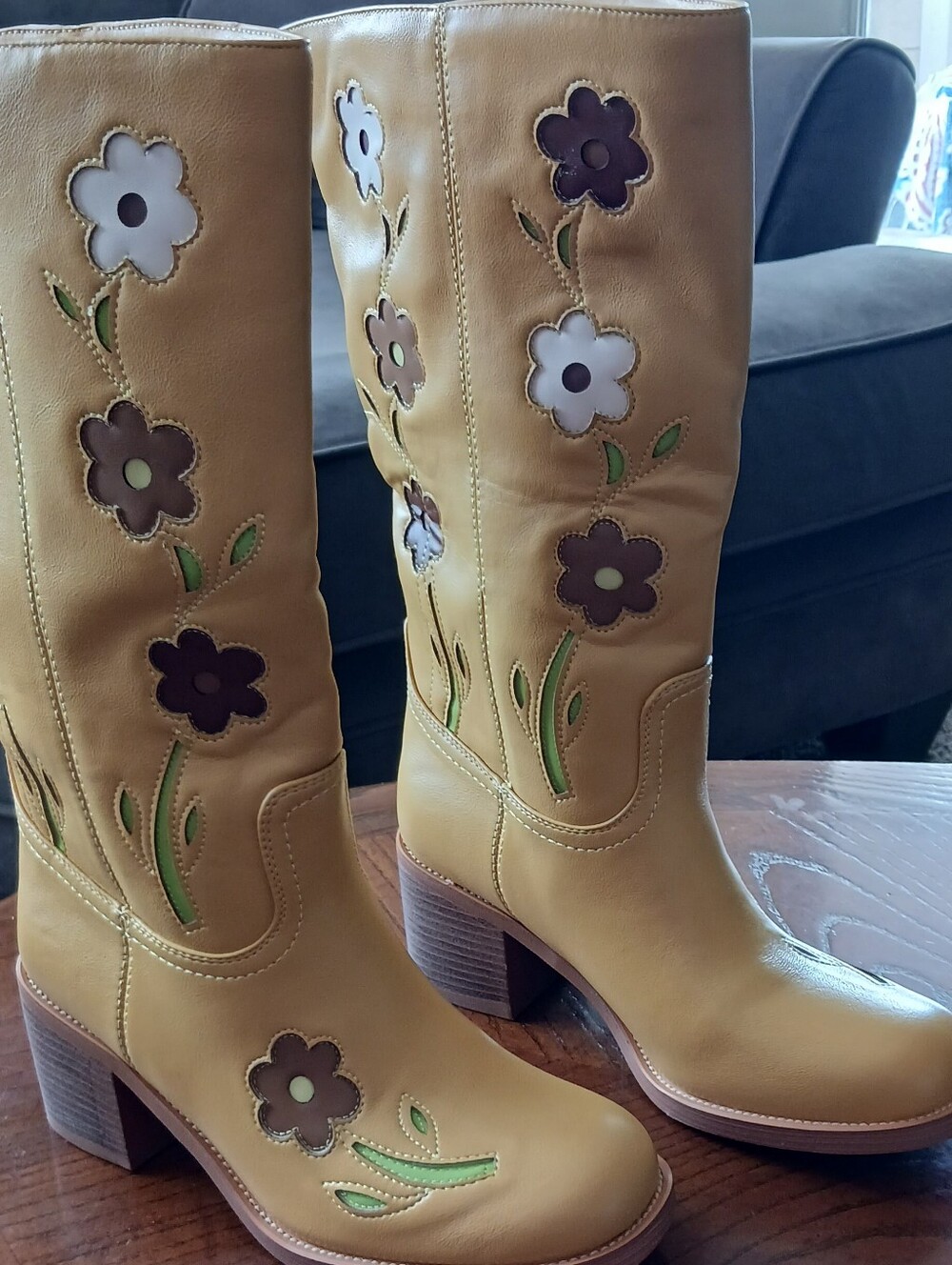 Women’s Yellow Floral Faux-Leather Knee Boots - Stylish Flower Embroidery